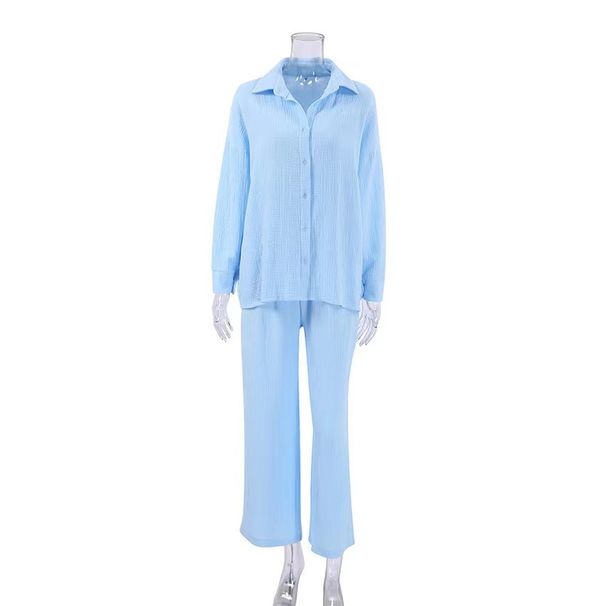 Women's Clothing Cotton Double Layer Yarn Women's Button Long Sleeved Shirt And Trousers Two Piece Suit_ecoleips.com