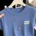 Blue Embroidered Knitted Top For Women Short Sleeve Inner Layer Base T-Shirt New Summer Real Photos_ecoleips.com