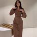Women's Clothing Women's Long Satin Dress With Chain Detailing Elegant Waist Cinching Solid Color Style Spring Dress_ecoleips.com