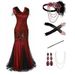 Women's Retro Sequined Dress Set V Neck Fringe Skirt Beaded Evening Gown Party Suit Regular Fit Spring/Autumn_ecoleips.com