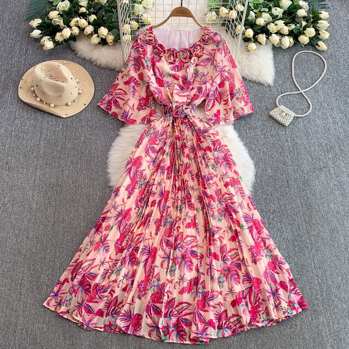 Women's Clothing French Elegant Three Dimensional Flower Round Neck Trumpet Sleeve Dress For Women Summer Waist Slimming Printed Pleated Skirt_ecoleips.com