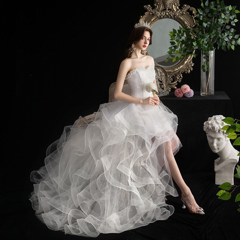 Spring New Arrival Mini Train Wedding Dress Student Princess Style Puffy Cake Skirt Short Front Long Back Photo Studio Dress_ecoleips.com