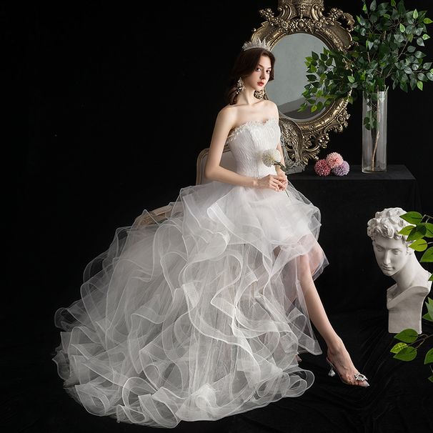 Spring New Arrival Mini Train Wedding Dress Student Princess Style Puffy Cake Skirt Short Front Long Back Photo Studio Dress_ecoleips.com