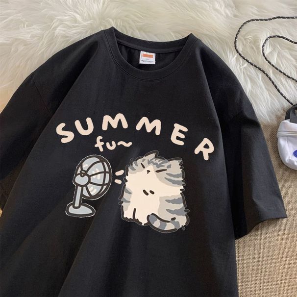 Women's Oversized Cartoon Short Sleeve T-Shirt Loose Fit Versatile Top Niche American Style New Design_ecoleips.com