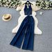 Casual Women's Premium Selection Suit Korean Style Fashionable Summer Outfit Subtle Knot Halter Neck Tank Top High Waist Wide Leg_ecoleips.com