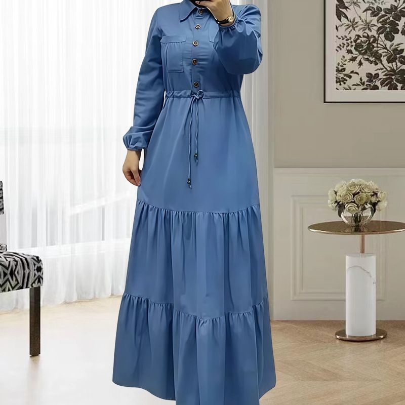 Women's Clothing Shirt Button Down Front Denim Shirt Dress With Button Front & Tiered Skirt – Modest Long Sleeve Dress With Belt (S-XL, Blue)_ecoleips.com