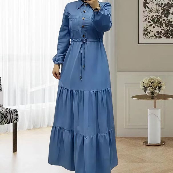 Women's Clothing Shirt Button Down Front Denim Shirt Dress With Button Front & Tiered Skirt – Modest Long Sleeve Dress With Belt (S-XL, Blue)_ecoleips.com