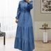 Women's Clothing Shirt Button Down Front Denim Shirt Dress With Button Front & Tiered Skirt – Modest Long Sleeve Dress With Belt (S-XL, Blue)_ecoleips.com