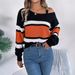 Contrasting Striped Lantern Sleeve Metal Buckle Off-Shoulder Pullover Sweater Women's Clothing_ecoleips.com