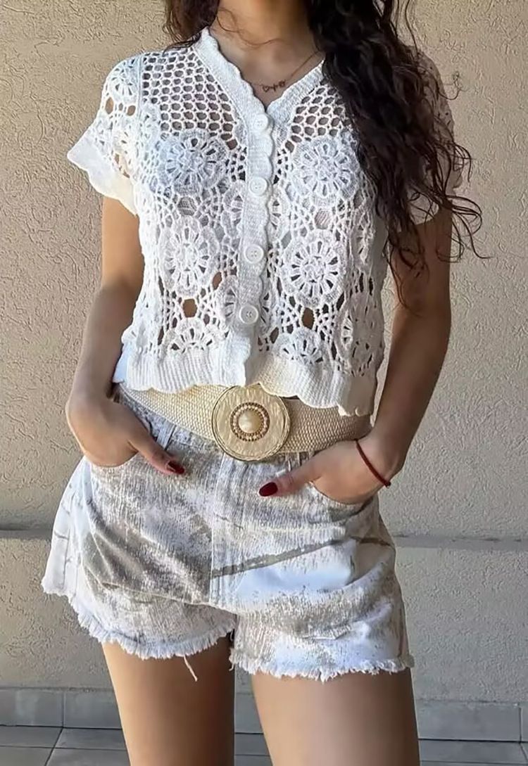 Women's Clothing V Neck Knitted Crochet Top Short Sleeve Hollow Out American Style Spring Summer New Clothing For Ladies_ecoleips.com