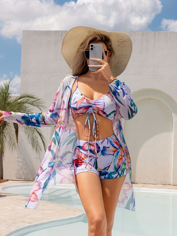 Women's Three Piece Boxer Bikini Swimsuit Two-Piece Cover Up Bowknot Fashion Beach Swimming Suit_ecoleips.com