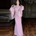 Modest Evening Dress Women's Summer Elegant Solid Color Beaded Bell Sleeve Evening Dress European American Style Muslim Fashion_ecoleips.com