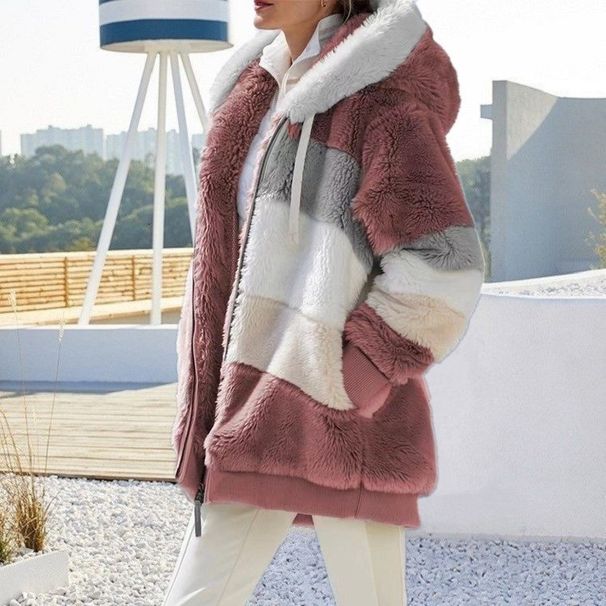 Women's Fleece Hooded Zip-Up Jacket With Patchwork Design, Oversized Fit, Multiple Pockets, Warm Winter Coat For Streetwear Fashion_ecoleips.com