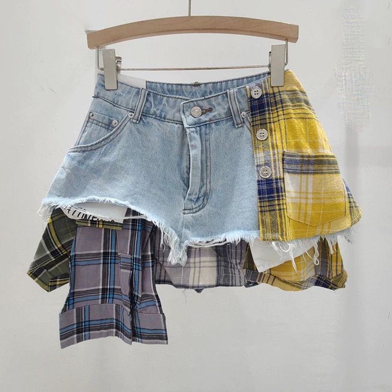 American Retro Plaid Patchwork Design Spring And Summer New High Waist A Line Denim Irregular Skirt Women's Trend _ecoleips.com
