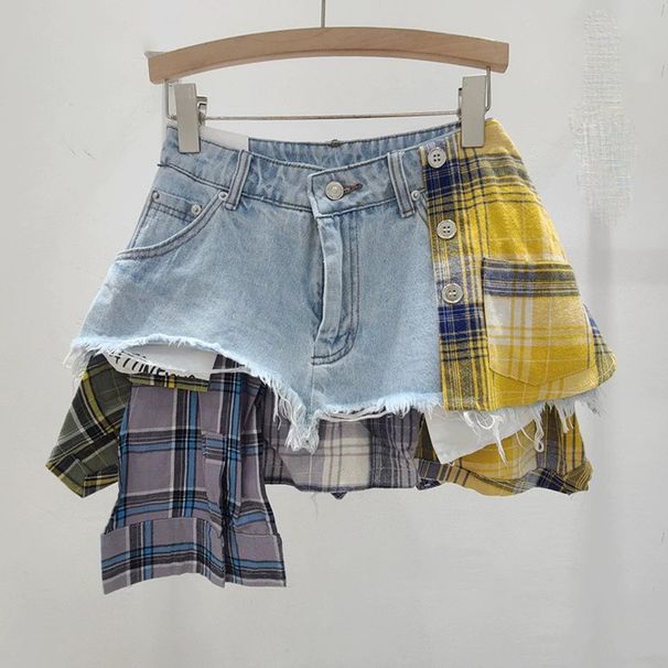 American Retro Plaid Patchwork Design Spring And Summer New High Waist A Line Denim Irregular Skirt Women's Trend _ecoleips.com