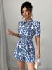 Women's Clothing Casual Full Print Puff Sleeve Drawstring Jumpsuit_ecoleips.com