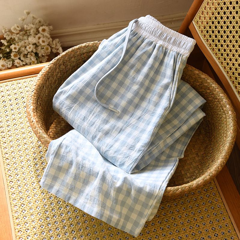 Color Matching Candy Straight Leg Pants For Home Wear Women's Cotton Plaid Design Loose Drawstring Waist Pajama Pants_ecoleips.com