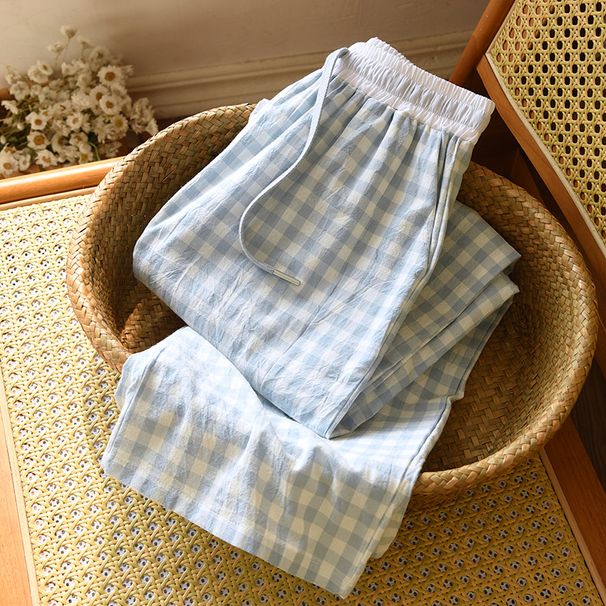 Color Matching Candy Straight Leg Pants For Home Wear Women's Cotton Plaid Design Loose Drawstring Waist Pajama Pants_ecoleips.com