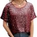 Women's Casual Sequined Off-Shoulder T-Shirt Loose Fit Short Sleeve Crew Neck Style Top_ecoleips.com