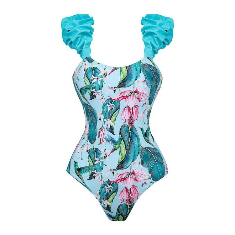 Women's One Shoulder Ruffle Print One Piece Swimsuit Stylish Flirty Beachwear Clothing Set_ecoleips.com