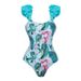 Women's One Shoulder Ruffle Print One Piece Swimsuit Stylish Flirty Beachwear Clothing Set_ecoleips.com