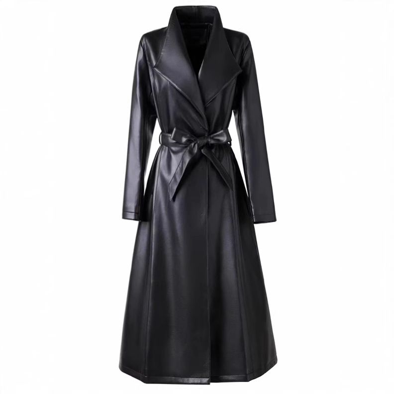 Elegant Long Trench PU Leather Coat For Women | Vintage-Inspired Belted Faux Leather Jacket | Plus Size Overcoat In Black, Anchora Red & Chocolate_ecoleips.com