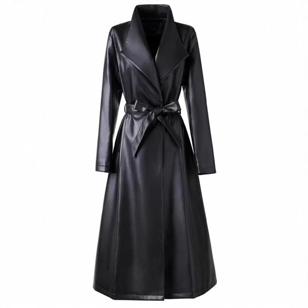 Elegant Long Trench PU Leather Coat For Women | Vintage-Inspired Belted Faux Leather Jacket | Plus Size Overcoat In Black, Anchora Red & Chocolate_ecoleips.com