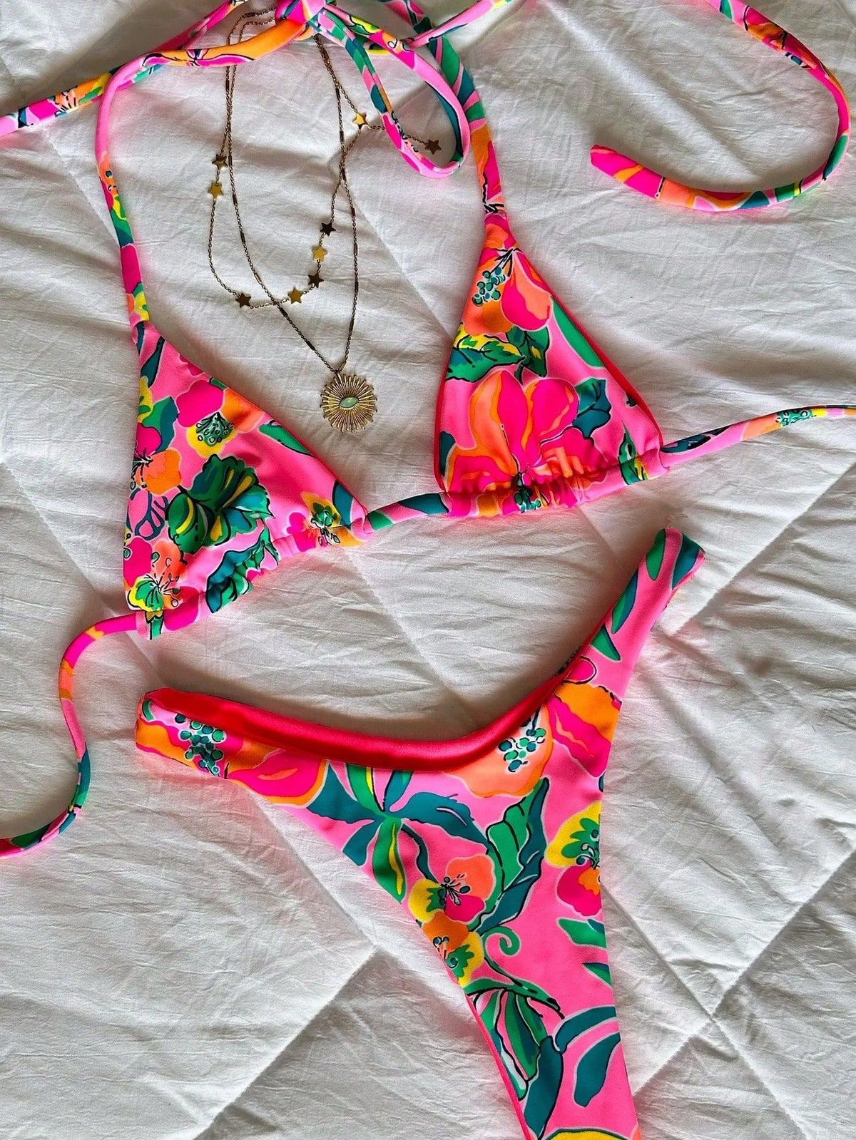 Women's Clothing Floral Print Bikini Set Double Fabric Tie-Up Swimsuit Sexy Vacation Swimwear Polyester_ecoleips.com