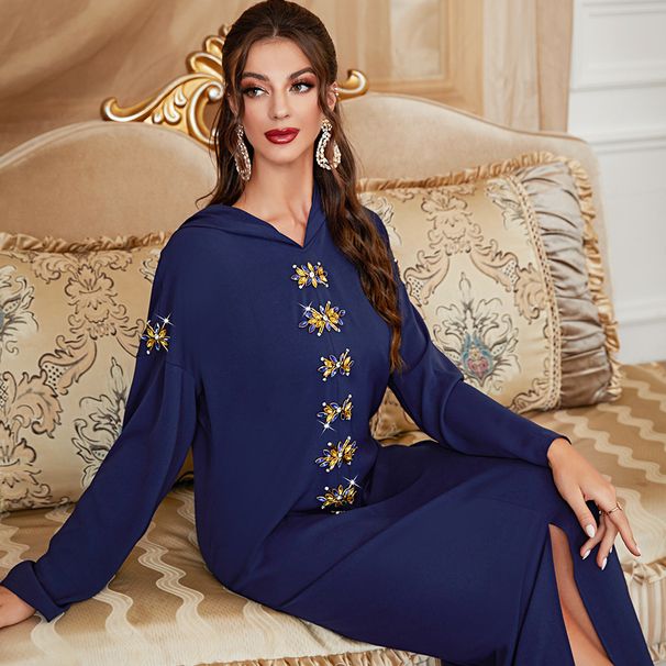 Ba302 Navy Blue Handcrafted Diamond Adorned Hooded Long Dress Abaya Women's Robe_ecoleips.com