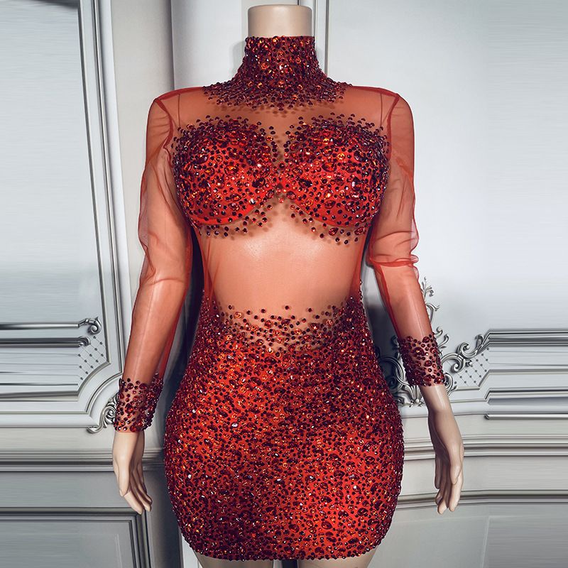 Women's Clothing Apricot Diamond Sexy See Through Mesh Mid Neck Zippered Slim Short Dress_ecoleips.com