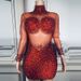 Women's Clothing Apricot Diamond Sexy See Through Mesh Mid Neck Zippered Slim Short Dress_ecoleips.com
