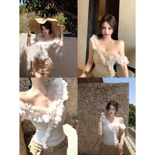 Stylish Lace Patchwork Off-shoulder Camisole For Women, Summer Ruched Slim-fit Sleeveless Outerwear, Sexy Short Top_ecoleips.com