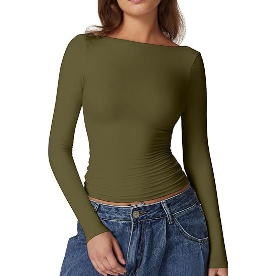 Women's Backless round Neck Long Sleeve T-Shirt European American Style Sexy Summer Pure Base Layer Inner Wear_ecoleips.com
