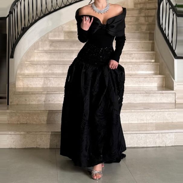 Fashion Beaded Hight Waist Solid Gowns Women's Casual Flowers Floor Length Dress Elegant Off Shoulder Long Sleeve Banquet Dress_ecoleips.com