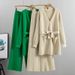 2025 Spring And Autumn New Cardigan Wide Leg Pants Thick Needle Two-Piece Casual Lace Up Solid Color Knitted Set_ecoleips.com