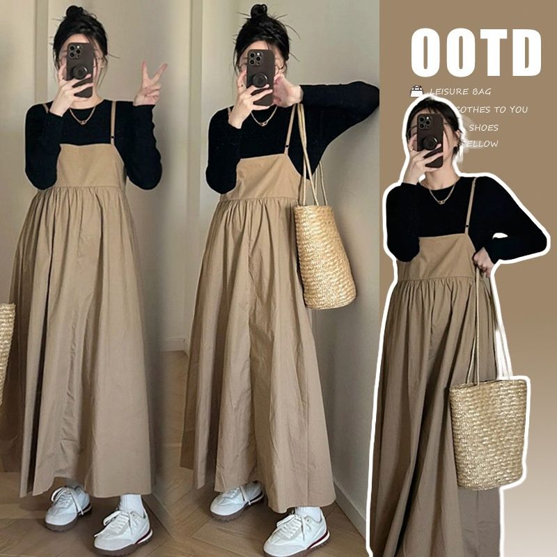 Autumn New Korean Fashion Knitted Top + Khaki Vest Dress Two-Piece Set For Pregnant Women_ecoleips.com