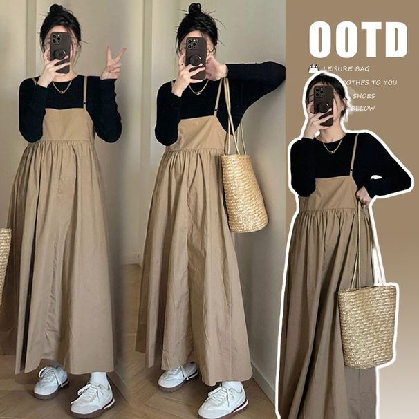 Autumn New Korean Fashion Knitted Top + Khaki Vest Dress Two-Piece Set For Pregnant Women_ecoleips.com