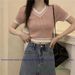 Spring/Summer Women's Slim Fit High Waisted Knit T-Shirt Short Sleeve Color Block French Style Sweet And Spicy Top_ecoleips.com