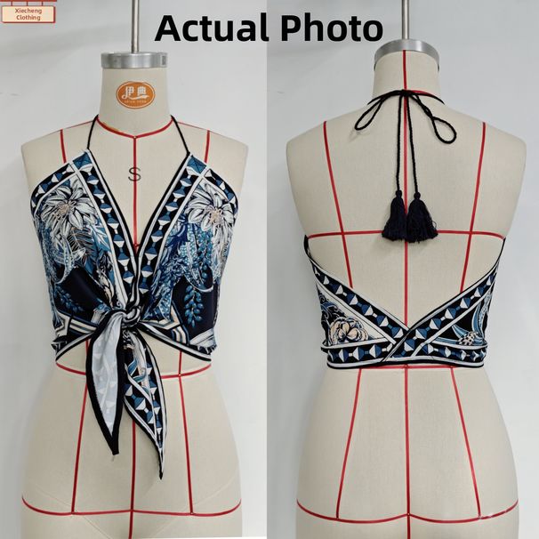 Women's Sexy Printed Knotted Sleeveless Halter Neck Camisole Top Resort Style European And American New 2025_ecoleips.com