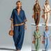 European And American Fashion Women's Casual Color Block Set with Half Zip Linen Top And Straight Leg Pants_ecoleips.com