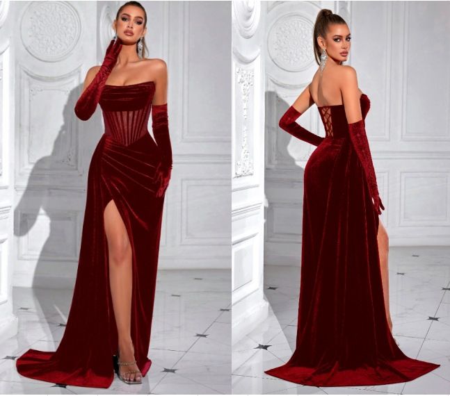 Elegant Korean Velvet Corset Dress With Ribbon Details – Sexy Long Evening Gown For Banquet & Party_ecoleips.com