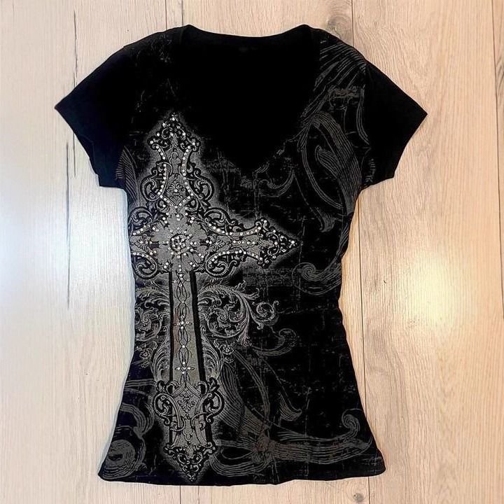 Gothic Print Rhinestone T-Shirt Women's Black Long Sleeve V Neck Slim Waist Gothic Top for Spring American Style_ecoleips.com