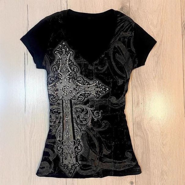 Gothic Print Rhinestone T-Shirt Women's Black Long Sleeve V Neck Slim Waist Gothic Top for Spring American Style_ecoleips.com