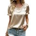Elegant Pearl-Embellished Women's Blouse round Neck Satin Shirt Ruffle Hem Puff Sleeves White Black Pink Beige S-XXL_ecoleips.com