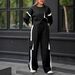 Women's Casual Contrast Color Long Sleeve Top And Wide Leg Pants Two-Piece Set, Comfortable Knit Loungewear, Daily Streetwear Outfit_ecoleips.com