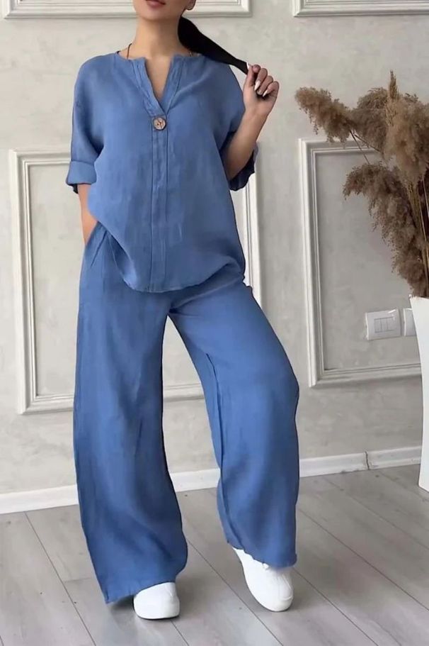 Women's Clothing Summer Fashion Experts V Neck Long Sleeved Trousers Multi Color Cotton And Linen Ladies Suit_ecoleips.com