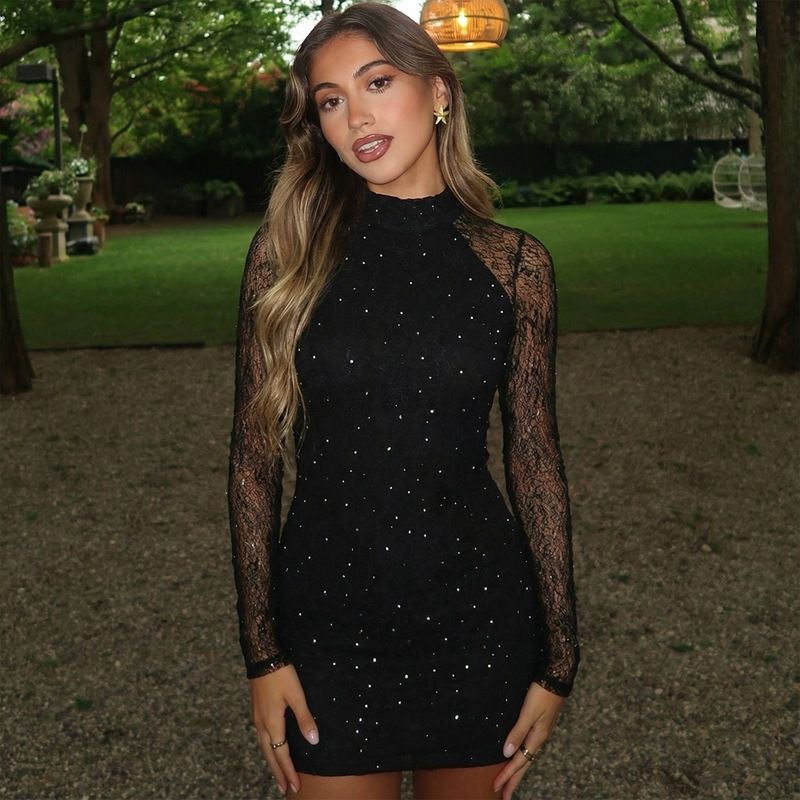 Hot-Selling Women's 2025 Winter New Fashion Sexy Slim Lace Rhinestone Bodycon Long Sleeve Dress_ecoleips.com