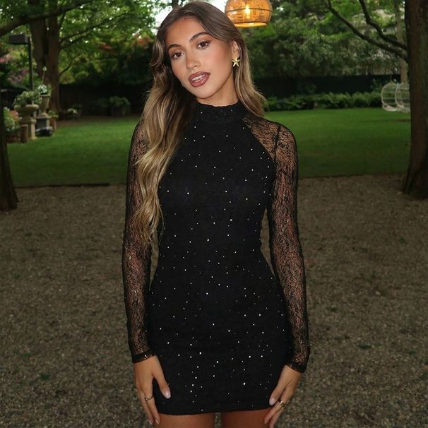Hot-Selling Women's 2025 Winter New Fashion Sexy Slim Lace Rhinestone Bodycon Long Sleeve Dress_ecoleips.com