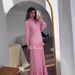 Elegant Comfort Color-Block Maxi Dress - V-Neck Long Sleeve Polyester Blend Dress With Princess Seams For Women (Pink)_ecoleips.com