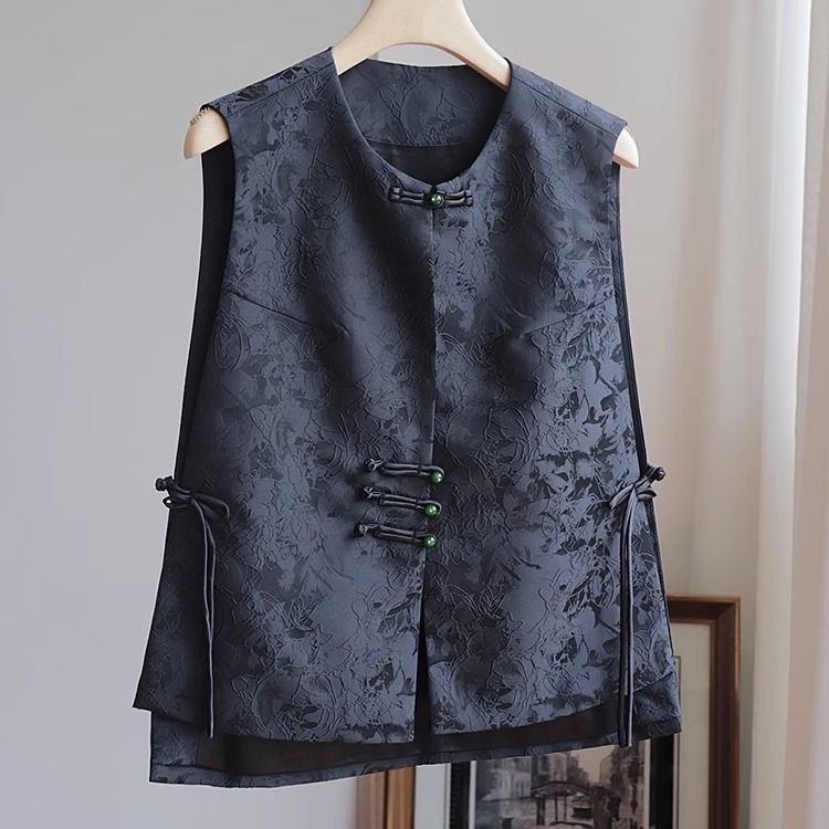 New Chinese style vest round neck sleeveless retro national style jacquard vest with black top_ecoleips.com